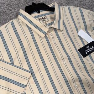 Rhone Brezza Shirt Mens Small Linen Blend Vintage Stripe Short Sleeve Cream NEW